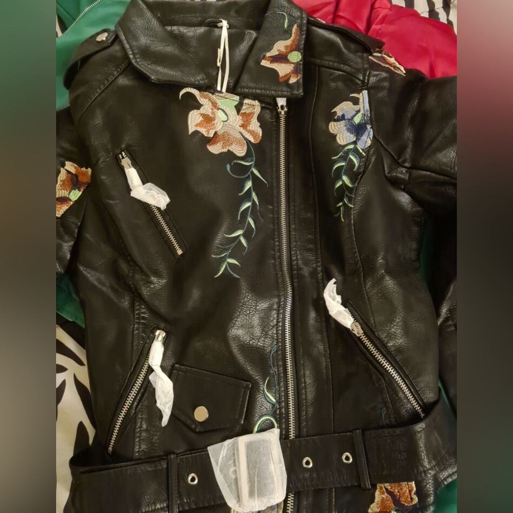 Luxe Floral Embroidered Vegan Leather Zip up Moto Jacket - Picture 7 of 8